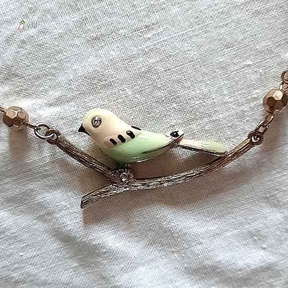 Bluebird on Branch Pendant Gold Tone Bead Necklace - Picture 3 of 3